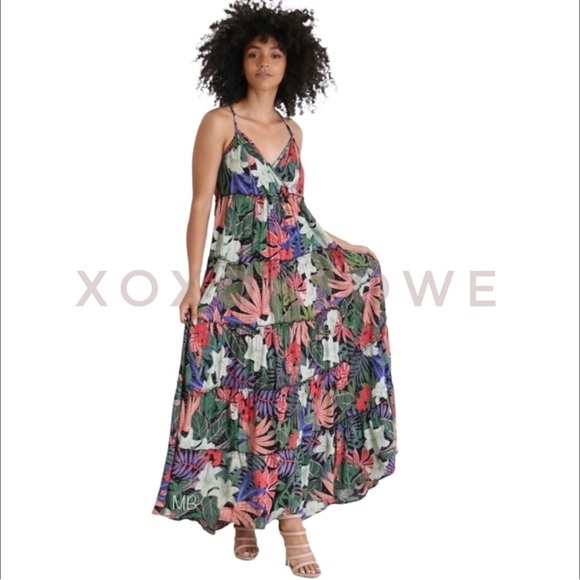 Angie Green & Pink Tropical Flower Print Tiered Maxi Dress - Picture 5 of 5